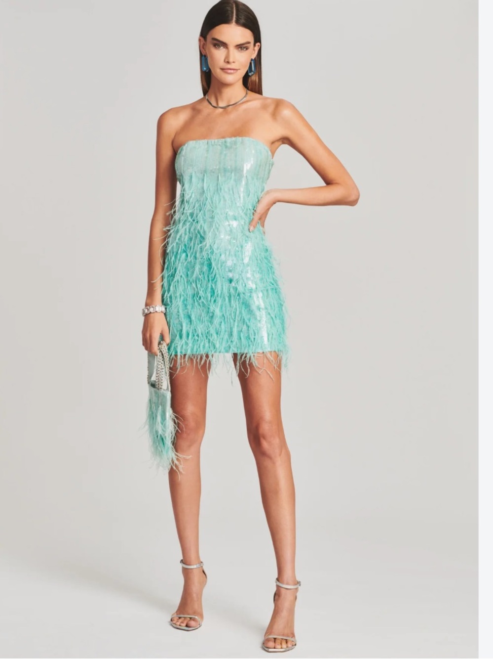 Retrofete Strapless Sequin Feather Mini Dress in Aqua